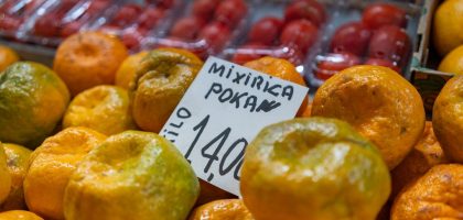Fresh tangerines are for sale at the market.
